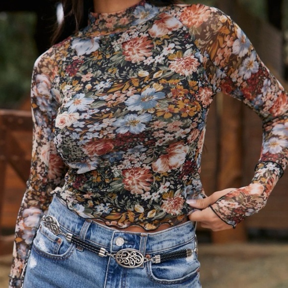 Pull&Bear Floral Mesh Long Sleeve Top Size XL - Picture 1 of 8